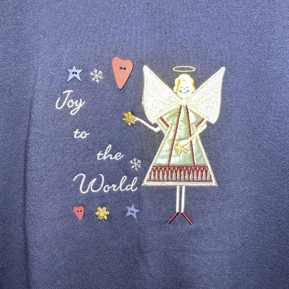 Angel Joy To The World Holiday Crewneck Blue Embroidered 1X XXL NWOT Granny Core - Picture 2 of 7